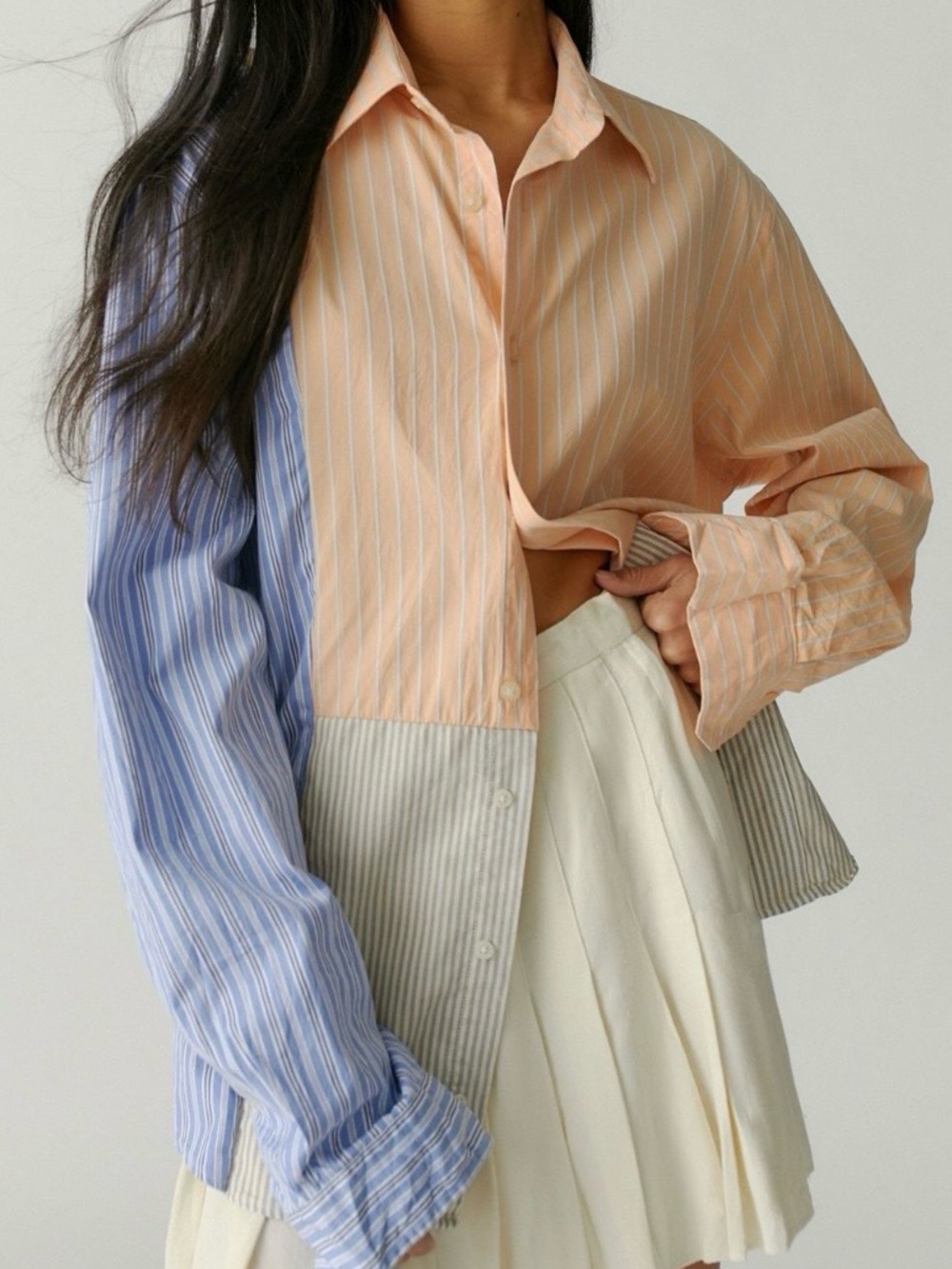 Up cycled DKNY Color block Striped Button-Up Shirt in Peach, Blue & Cream